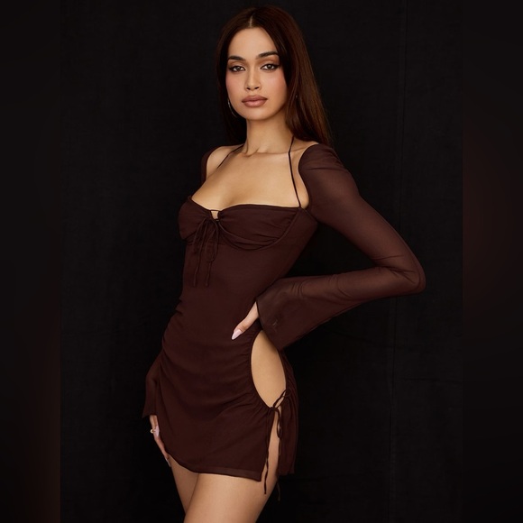 House of CB Baby Chocolate Brown Chiffon Cutout Halter Long Sleeve Mini Dress - Picture 2 of 12